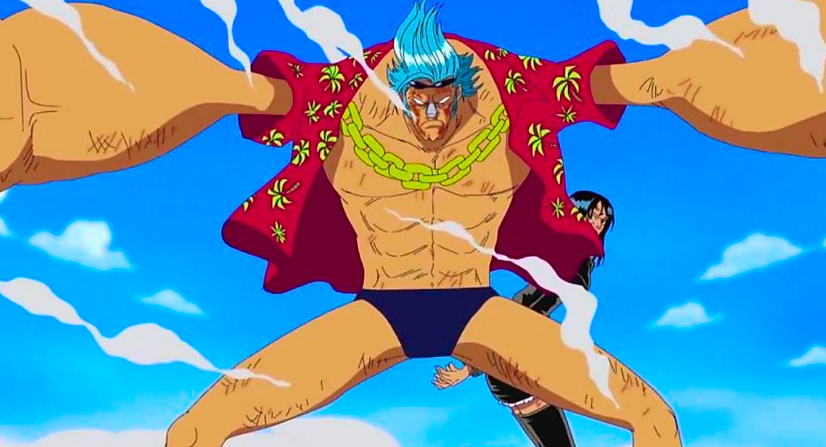 Franky shielding Nico Robin from bullets in One Piece