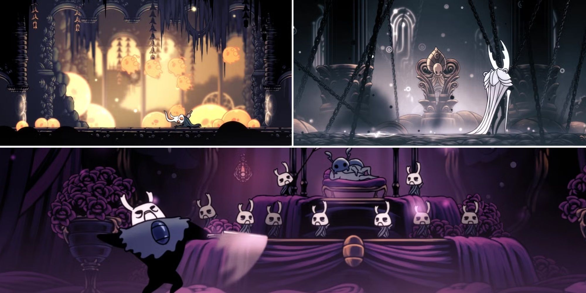 A collage of some of Hollow Knight Hardest Bosses: Lost Kin, Pure Vessel, and Grey Prince Zote