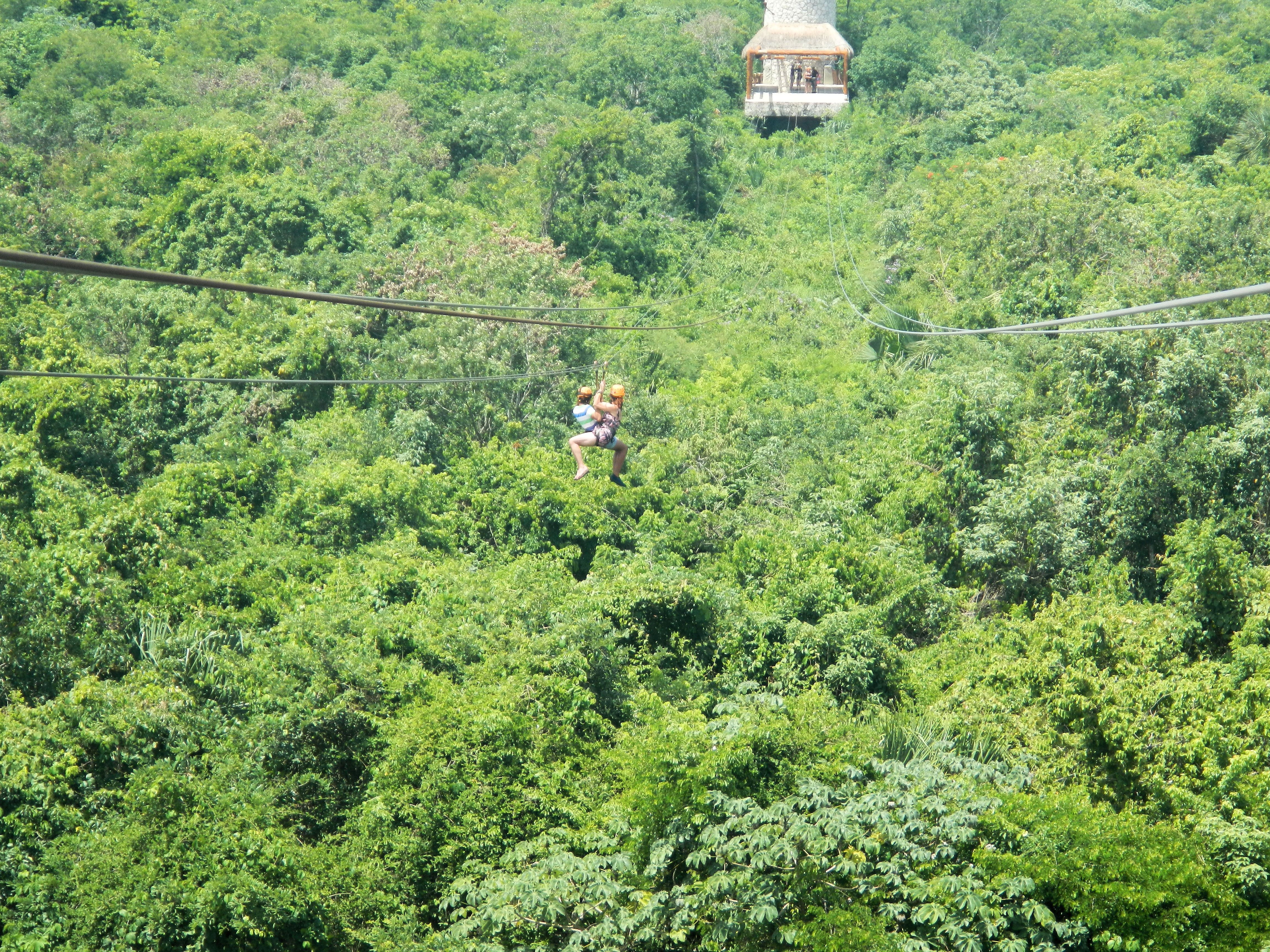 People ziplining in the jungle near Cancun, Mexico