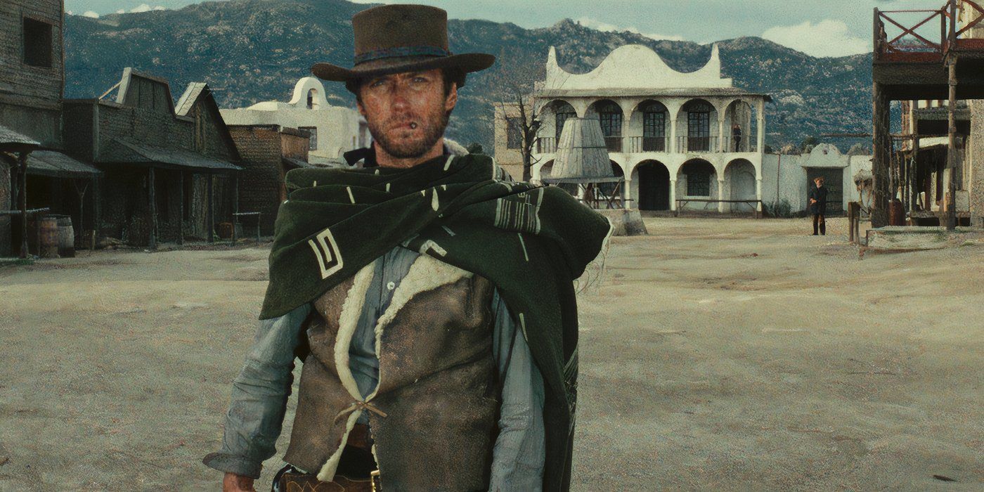 Clint Eastwood as the man with no name/Joe about to draw his weapon and quickly shoot four outlaws near a fence in A Fistful of Dollars.