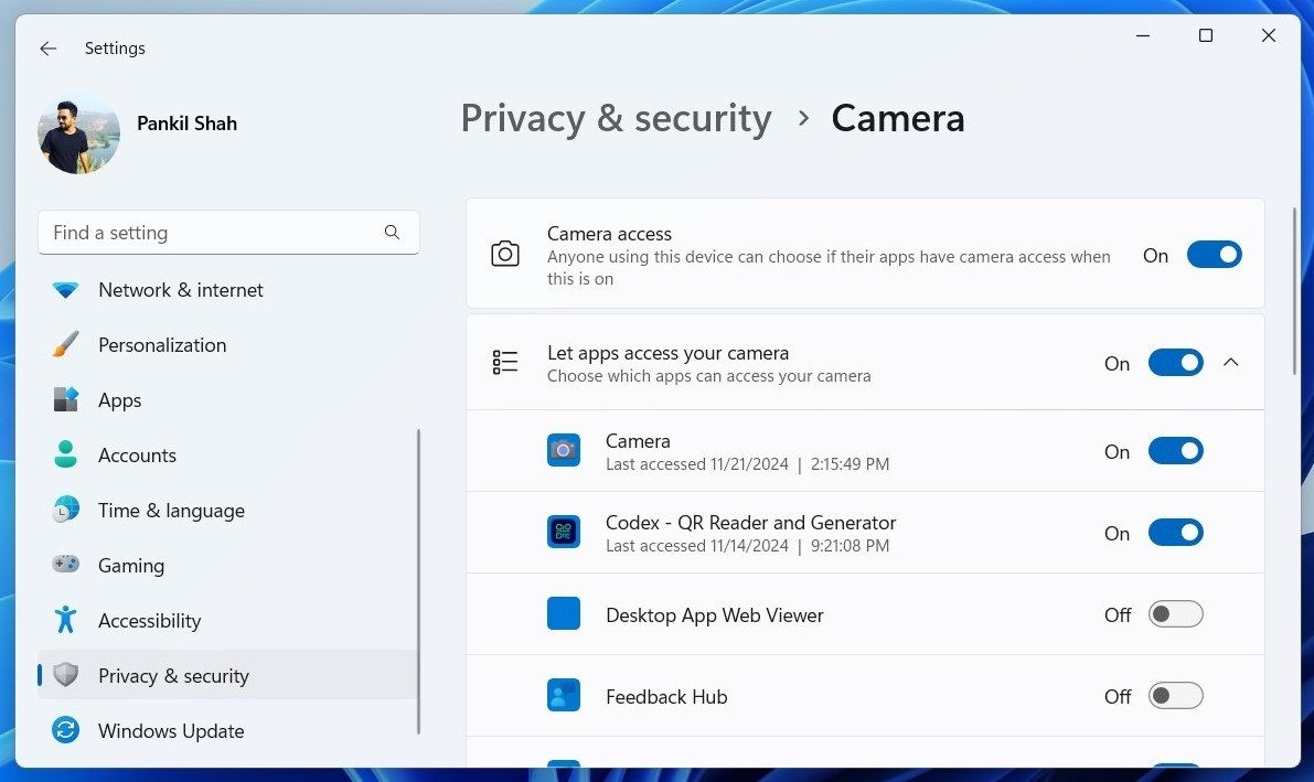 Camera permission for apps in Windows 11 Settings menu