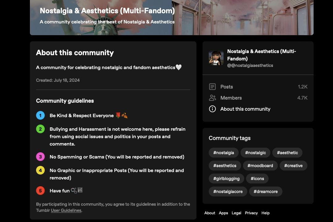 The community guidelines for the Nostalgia and Aesthetics Tumblr community