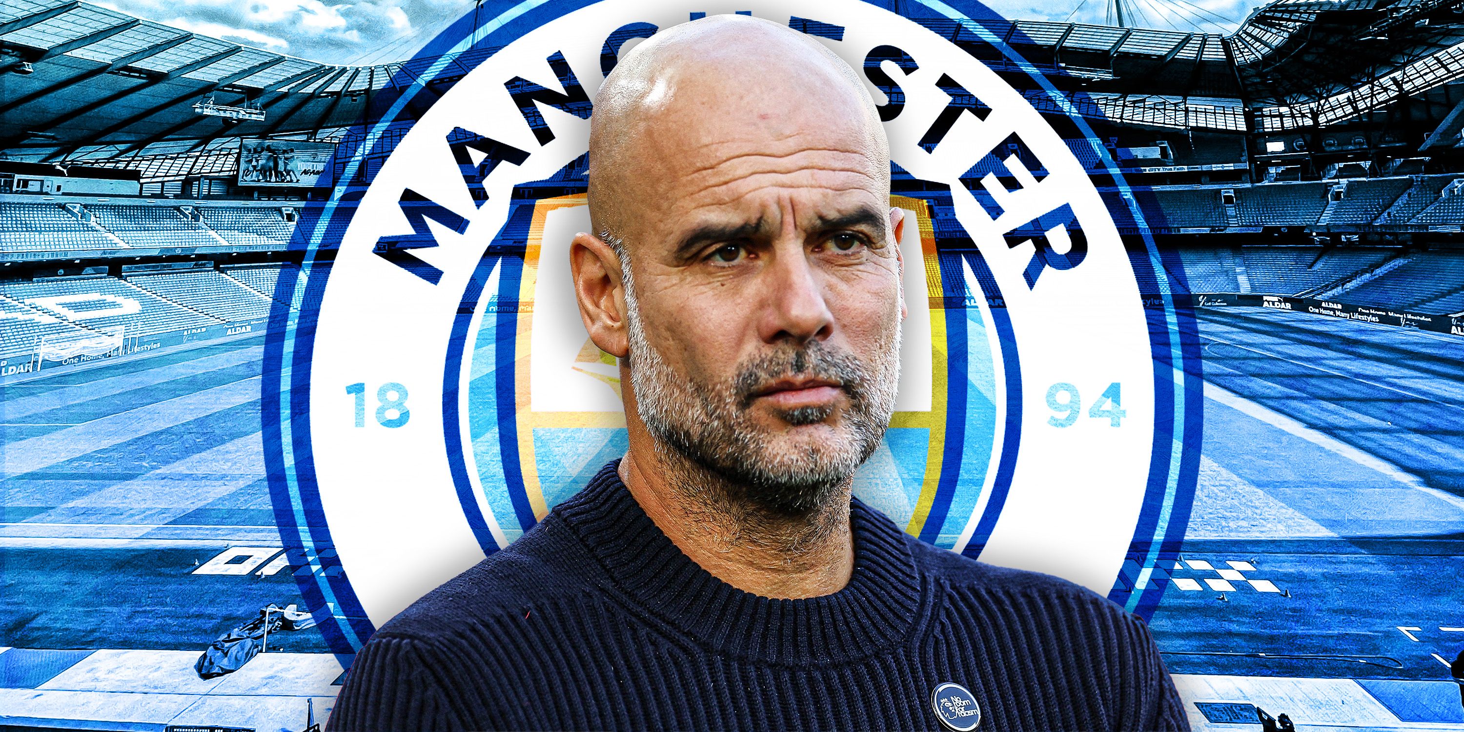 Pep Guardiola looking angry with Etihad Stadium background and Man City logo