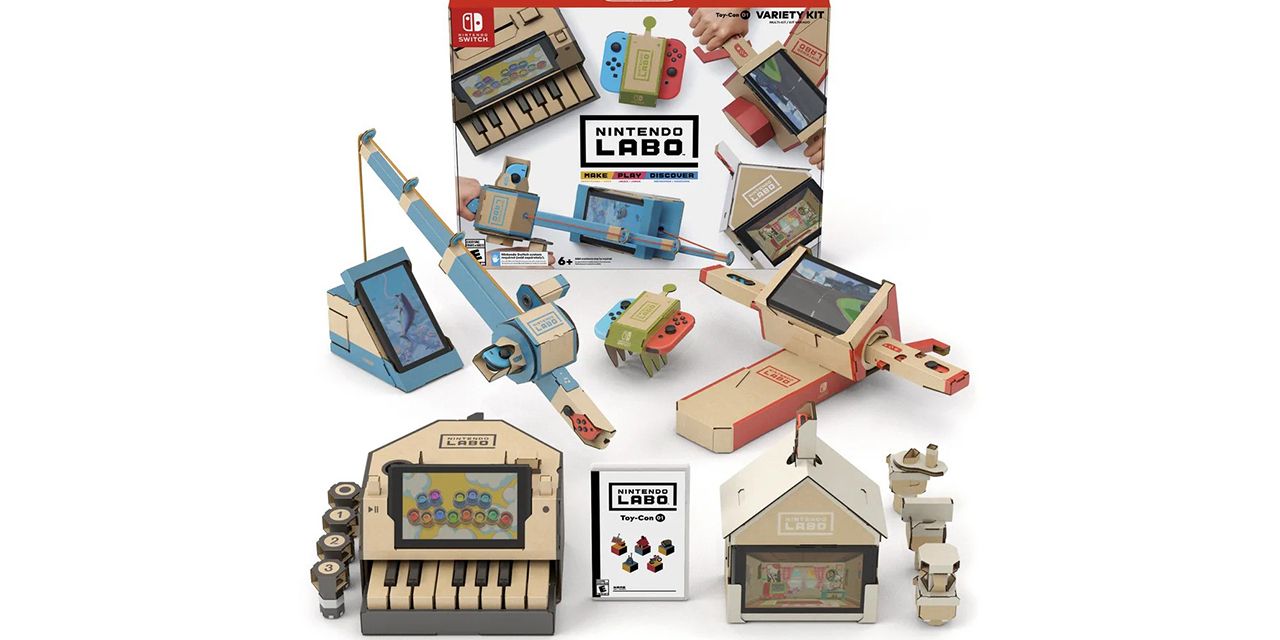 Image of the Nintendo Labo Variety Kit, featuring the Piano, House, Motorcycle and Fishing sets, Taken from a Nintendo promotional image.