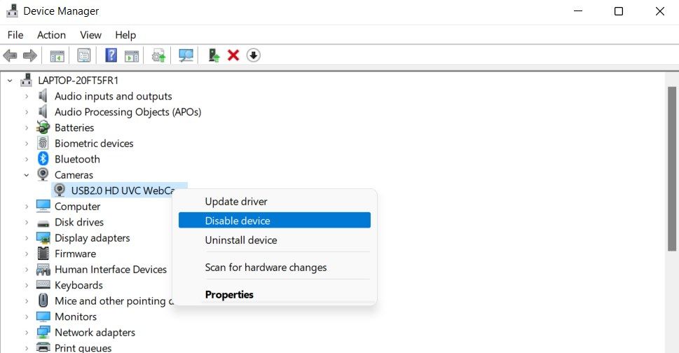 Disable your Webcam using Device Manager