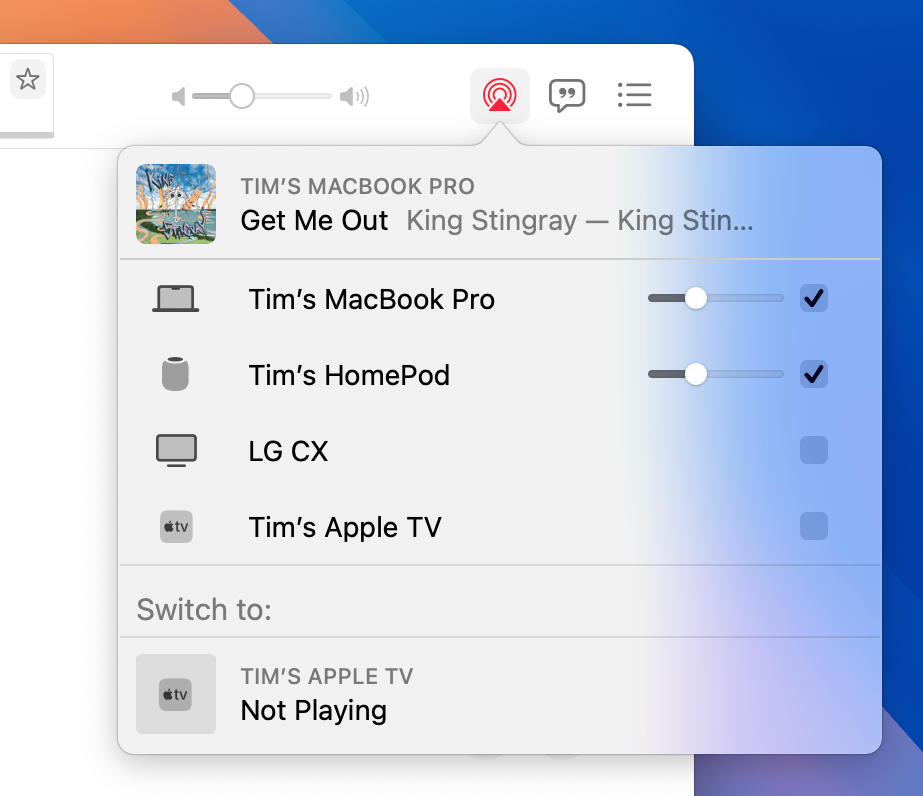 Playing music on a MacBook Pro and HomePod speaker in Apple Music.