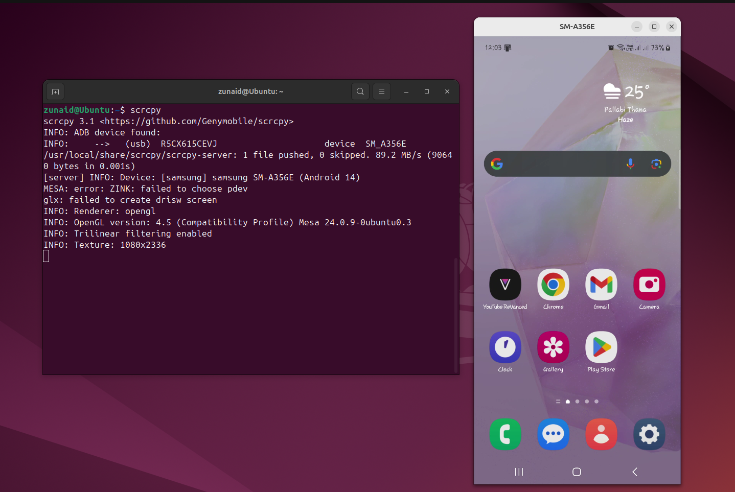 Mirroring Android screen on Linux using scrcpy via USB.