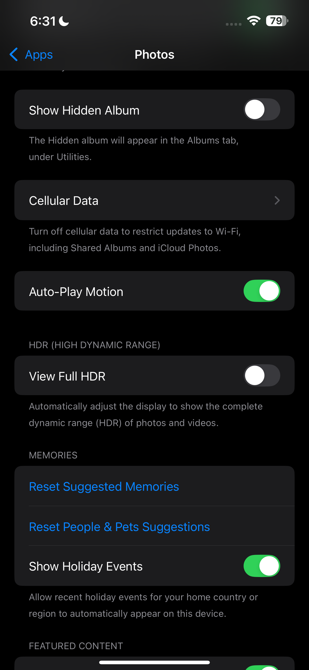 Photos app section in the iPhone Settings app