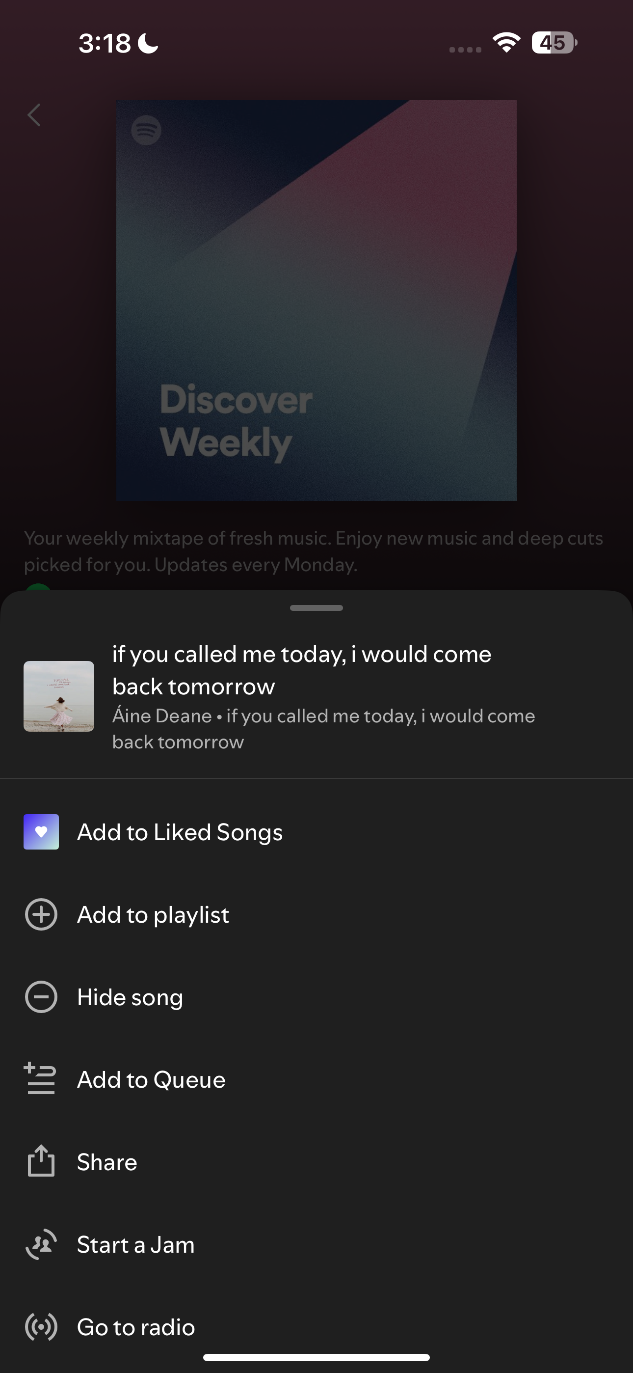 Spotify menu with Hide song option