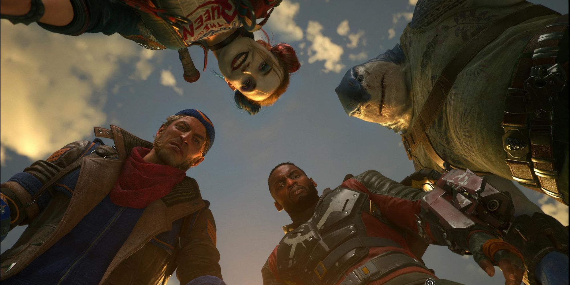 The four main characters of Suicide Squad: Kill the Justice League looking down at you