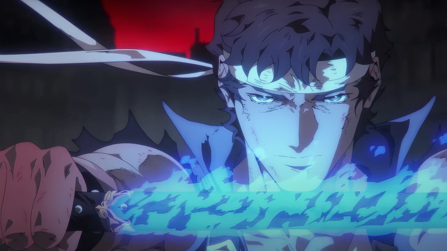 Close up on Richter Belmont holding up a glowing blue sword in Castlevania: Nocturne season 2 trailer