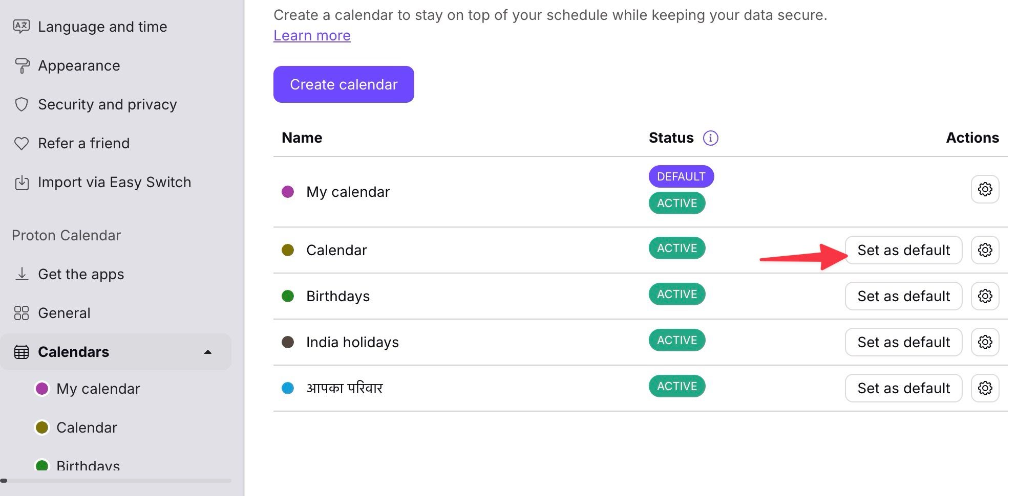 set another calendar as default in Proton