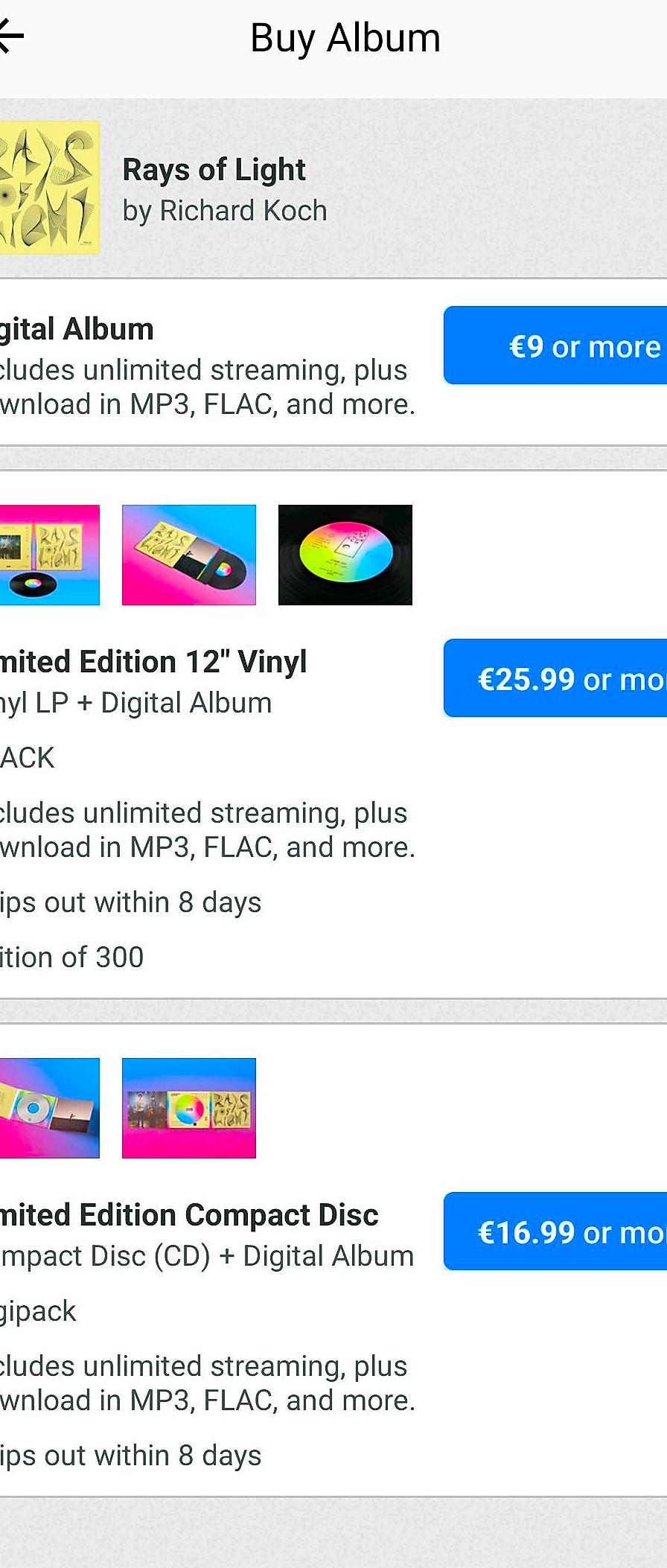Purchasing options on th Bandcamp app.