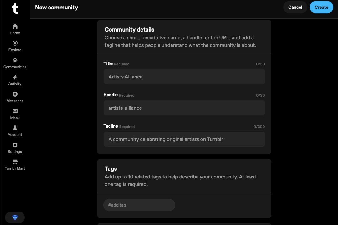 The creation page for a Tumblr community