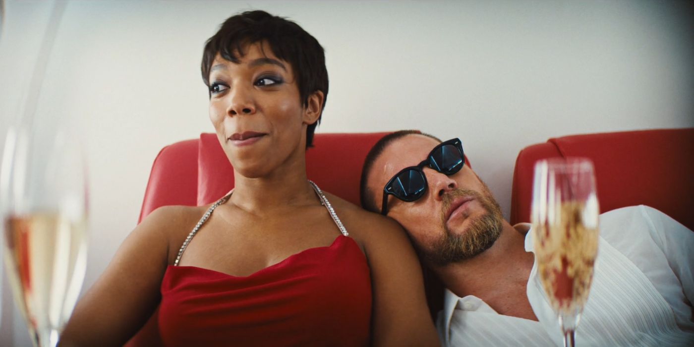 Channing Tatum asleep with sunglasses on Naomi Ackie's shoulder on a private jet in Blink Twice