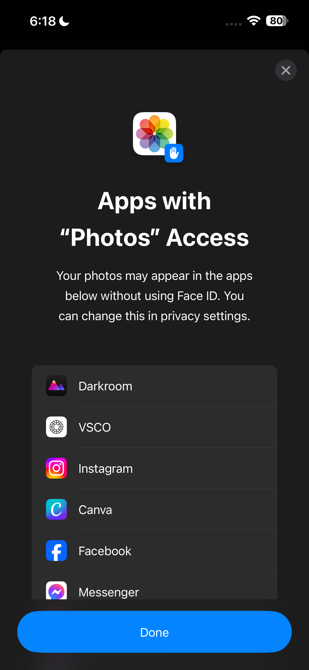 Apps with Photos access screen on an iPhone