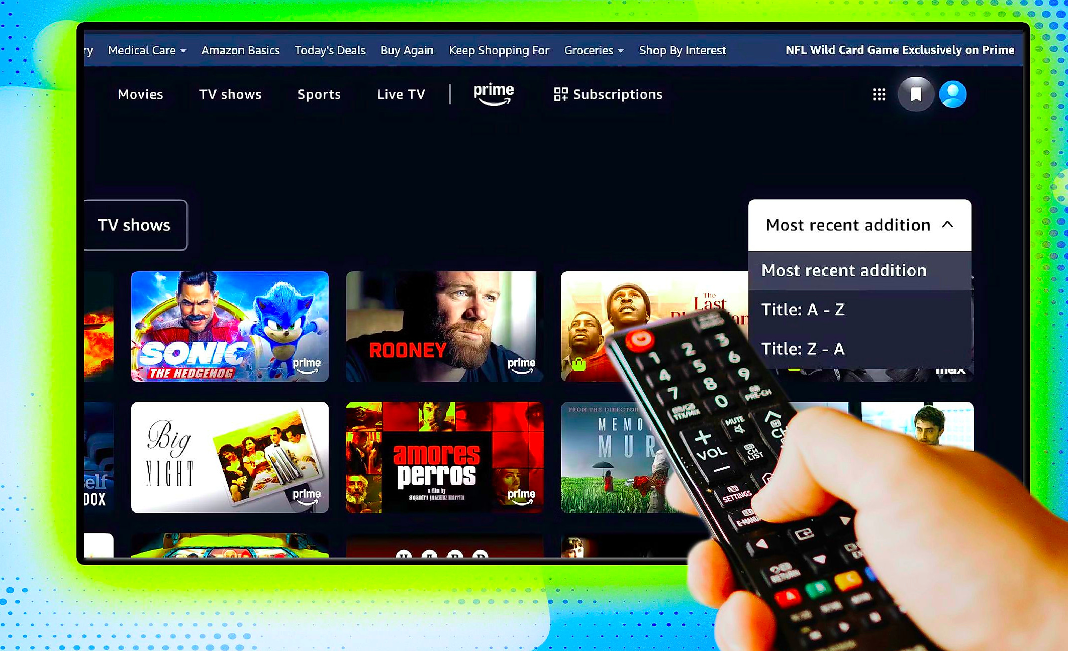 A person on Prime Video with their remote. 