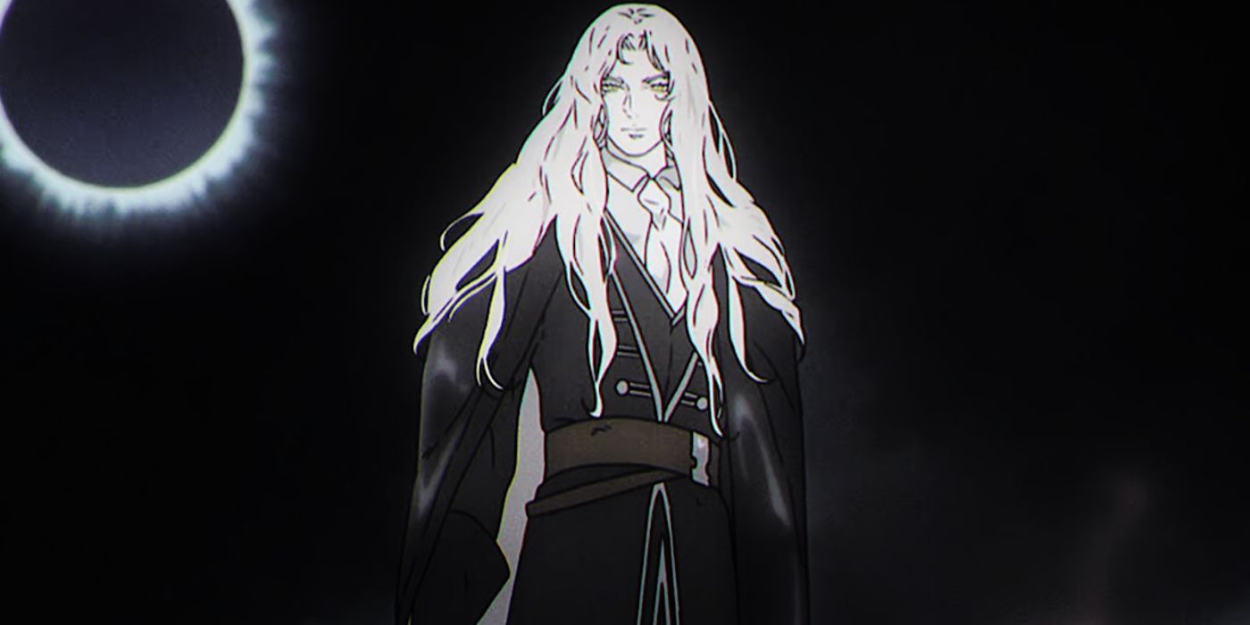 Alucard heroically stands in front of an eclipse in Castlevania: Nocturne.