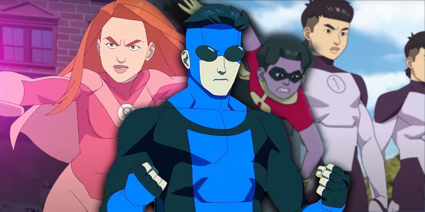 A collage of the superheroes Invincible, Atom Eve, Kid Omni Man, Multi-Paul from Amazon's Invincible