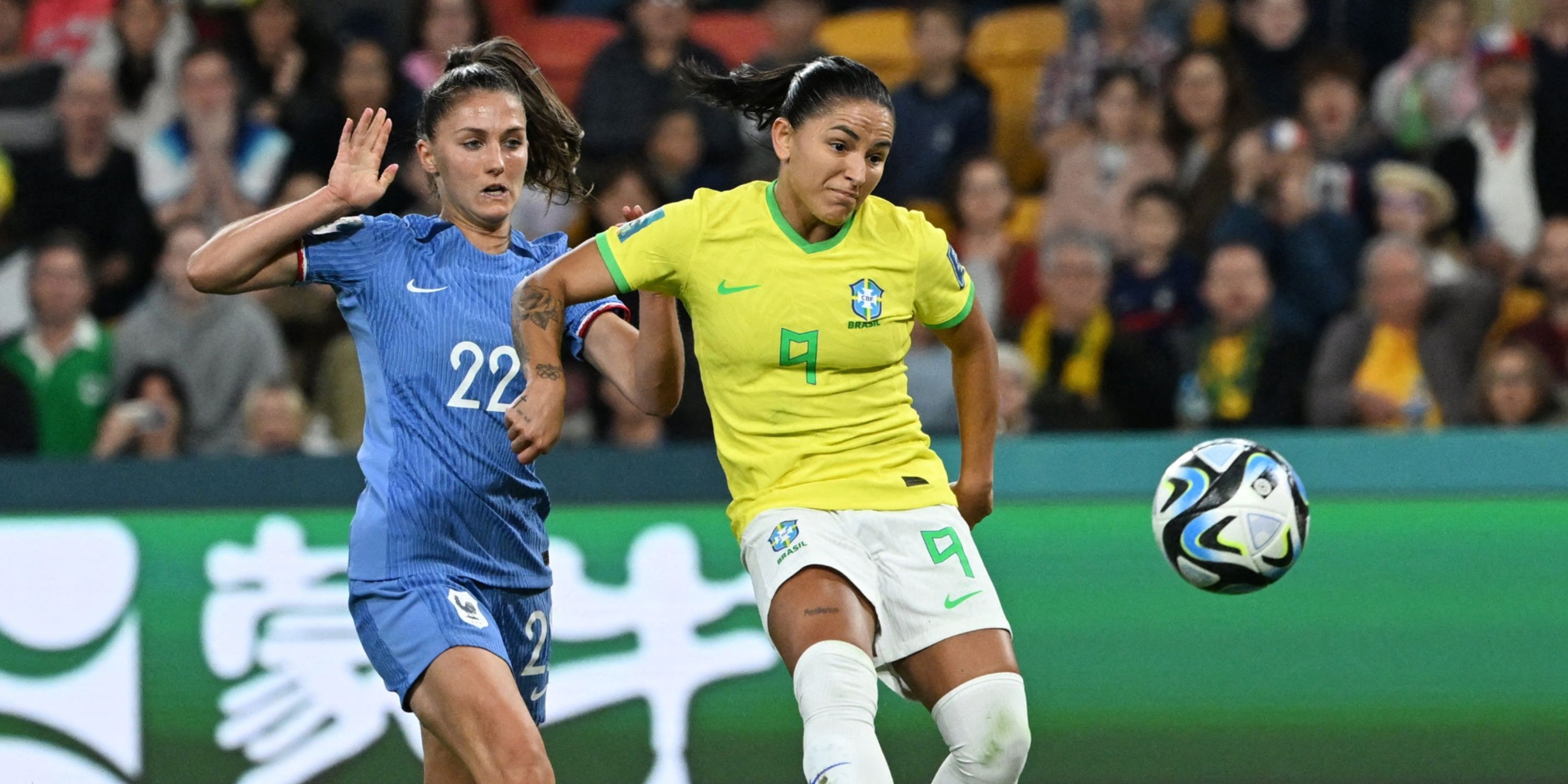 Brazil's Debinha controls the ball.