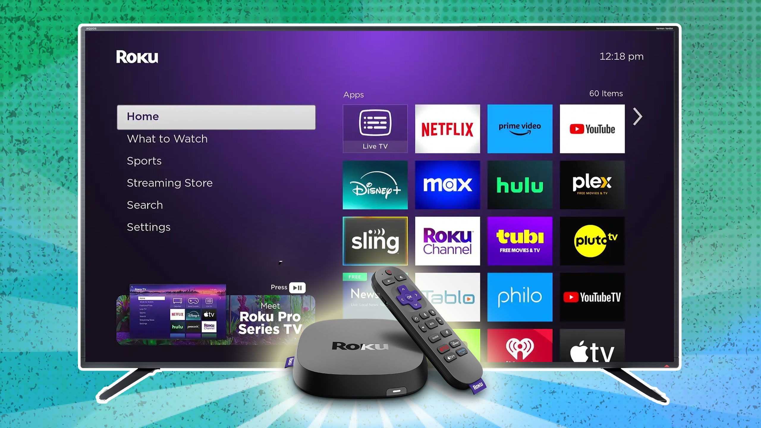 A Roku device, remote, and TV. 