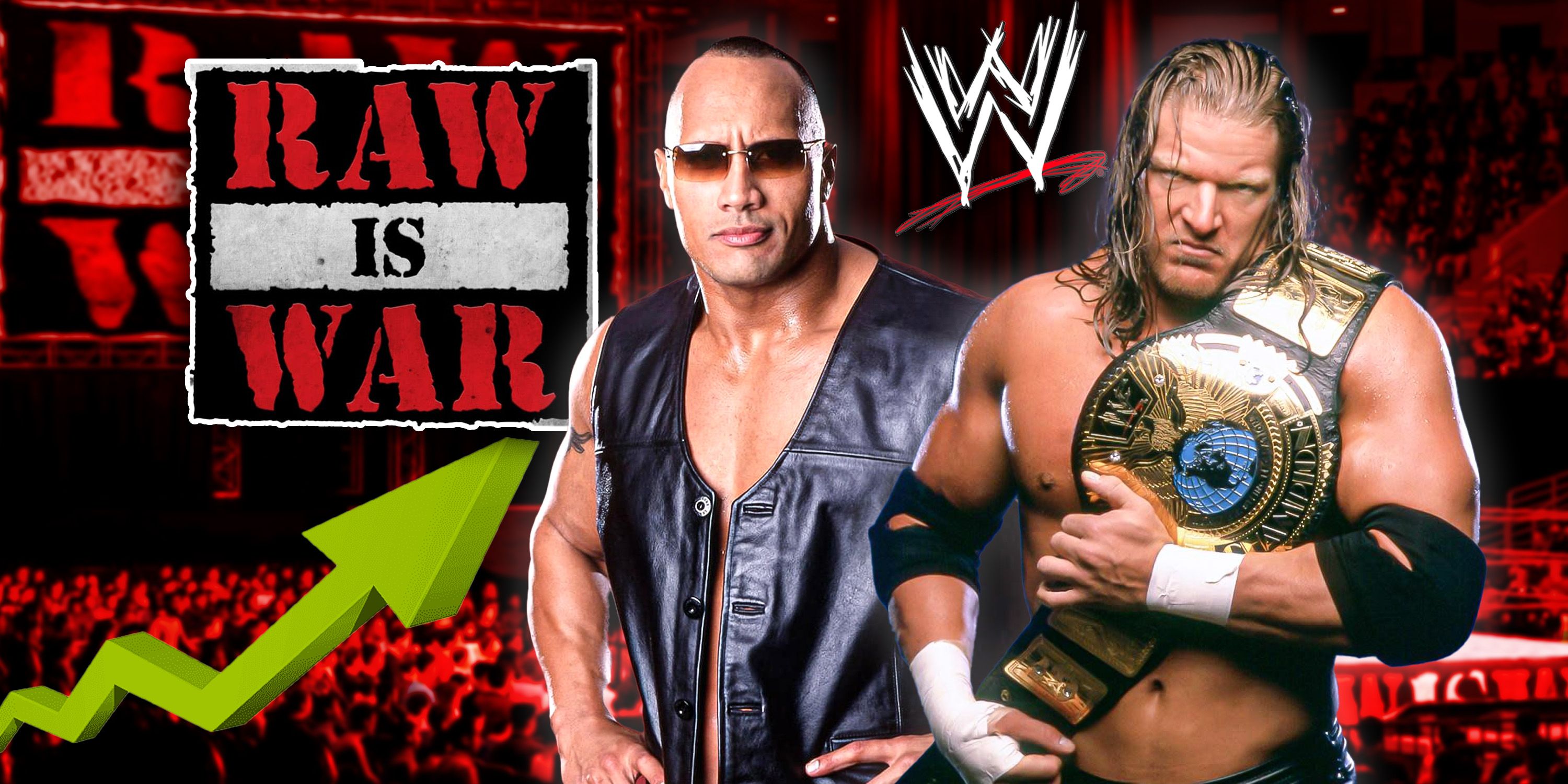 The Rock with Triple H and the classic WWE RAW is WAR logo.