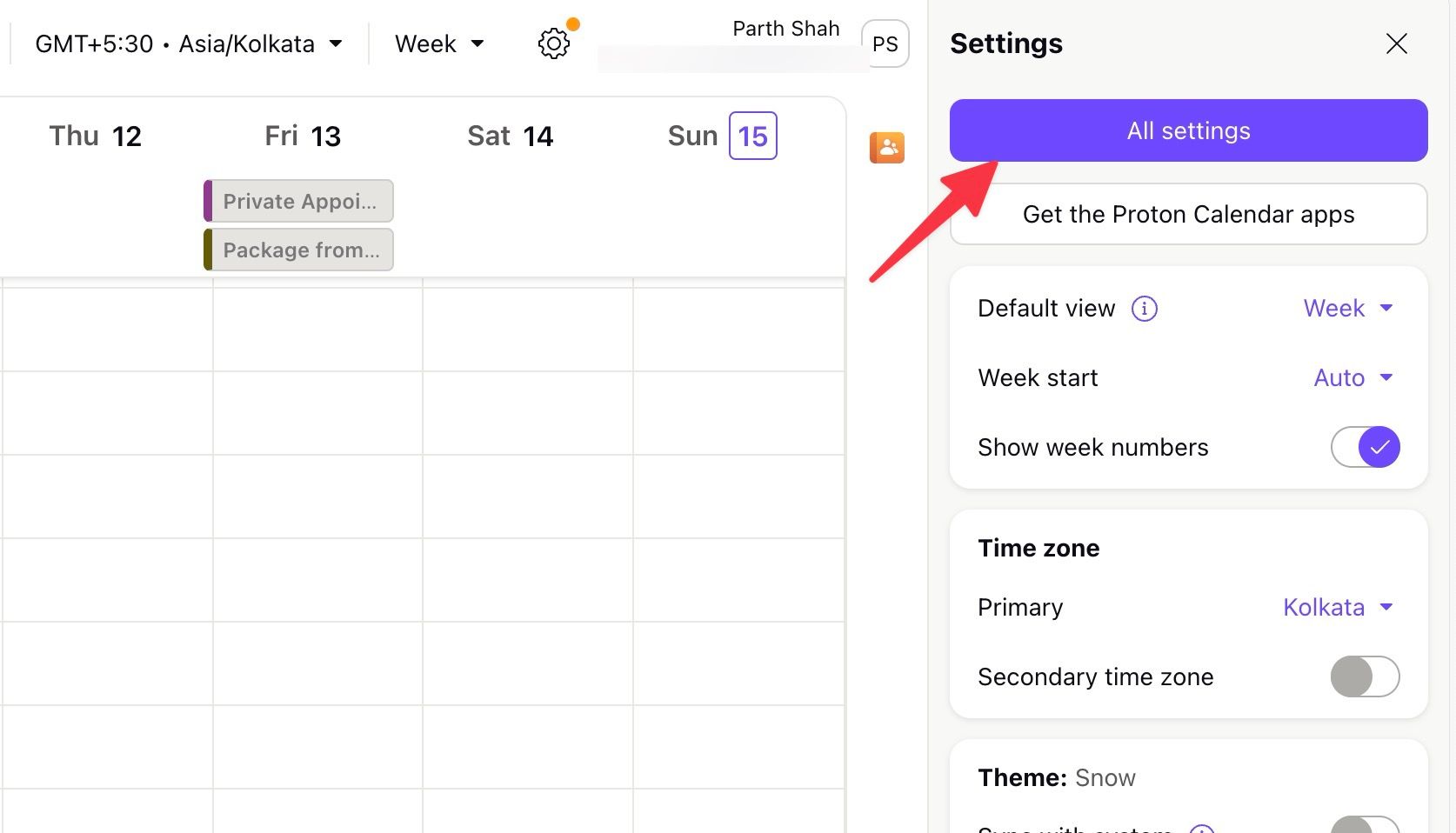 Open Settings menu in Proton Calendar