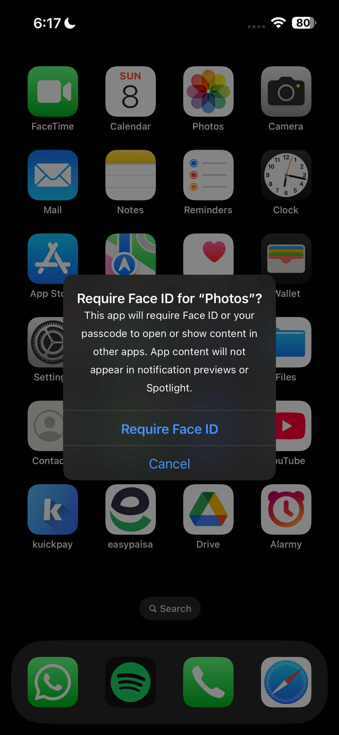 Confirmation prompt labeled 'Require Face ID for Photos' on an iPhone