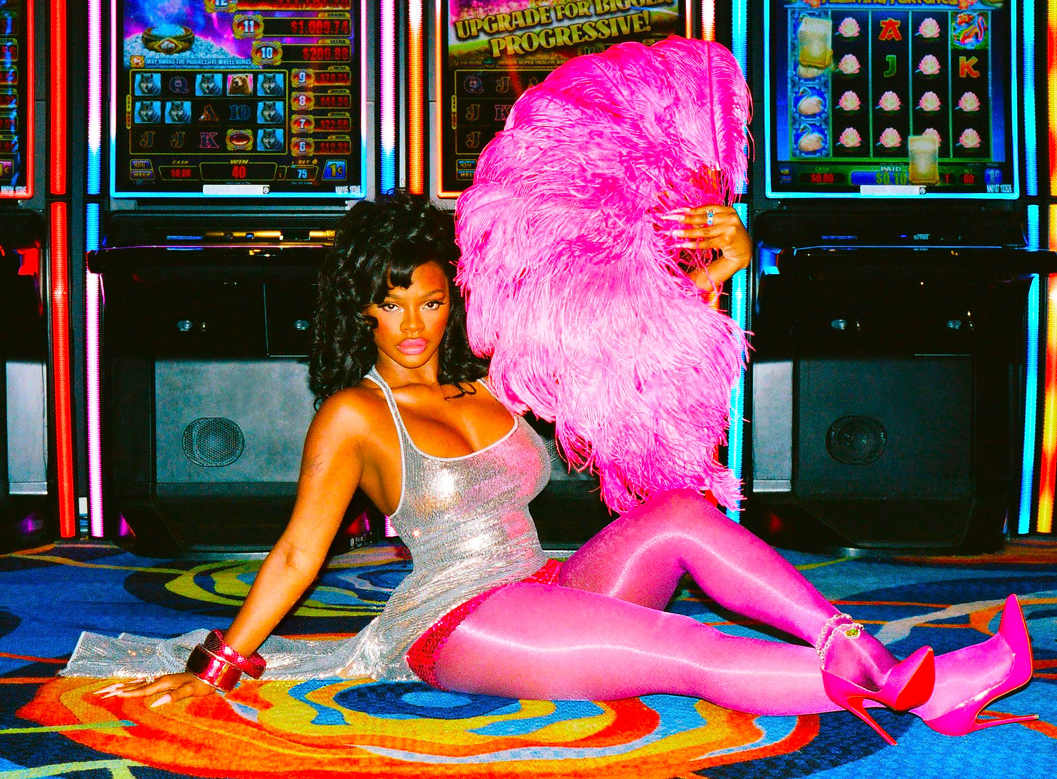 a performer in a vibrant setting emphasizing elements of a casino environment