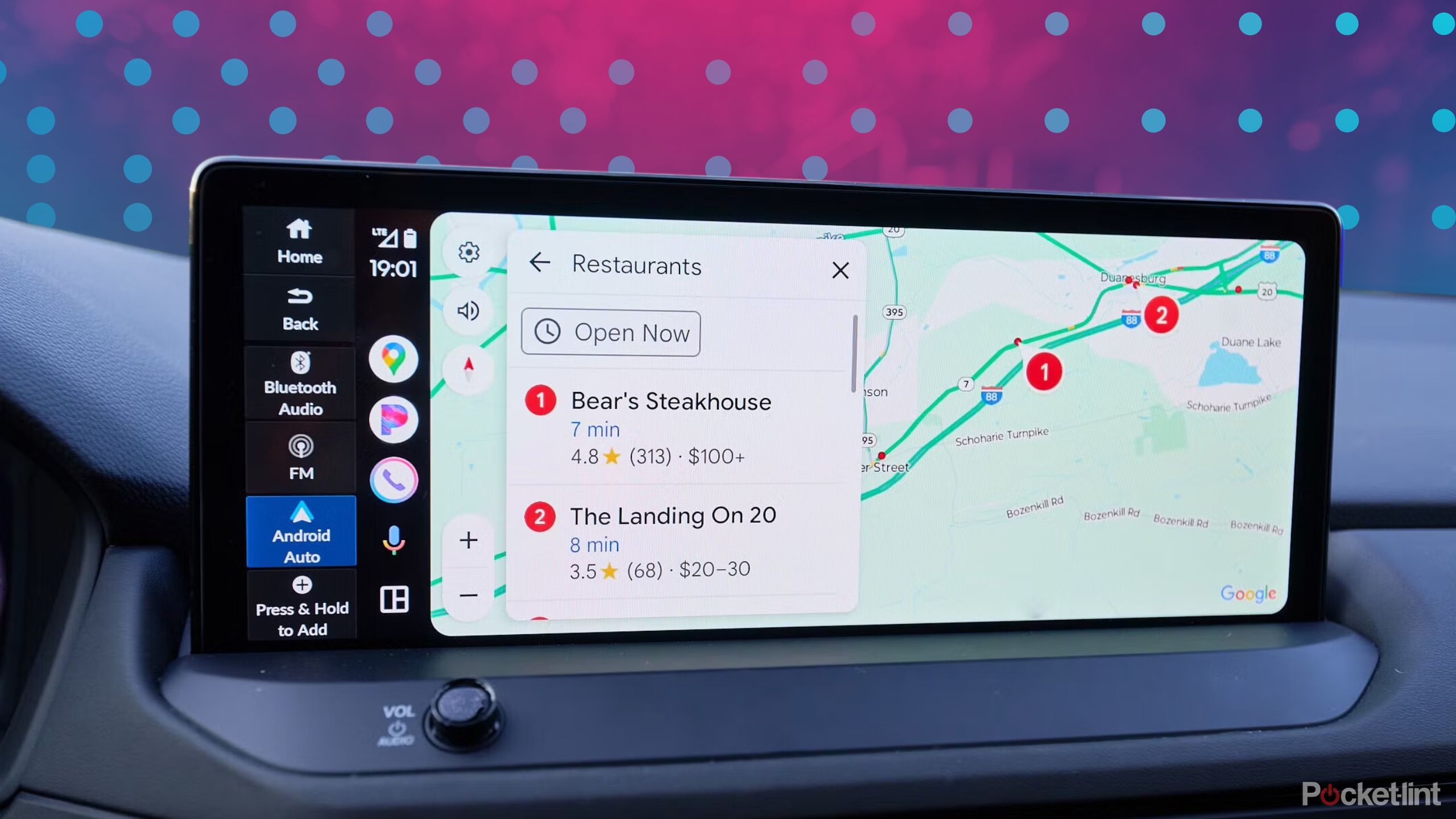 Android Auto interface navigating to restaurants. 