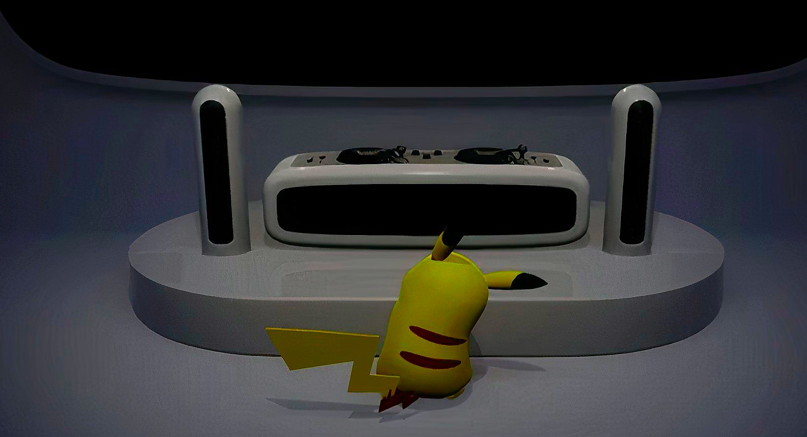 Pikachu looks upon the mysterious turntables