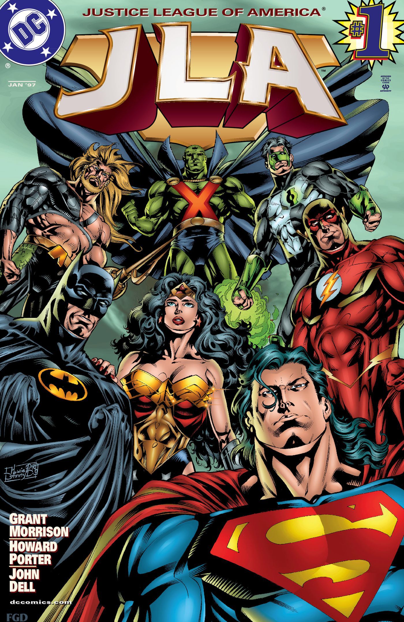 The Justice League, including Superman, Batman, Wonder Woman, Flash, Green Lantern, Aquaman and Martian Manhunter, pose together on the Justice League of America vol. 1 comic cover.