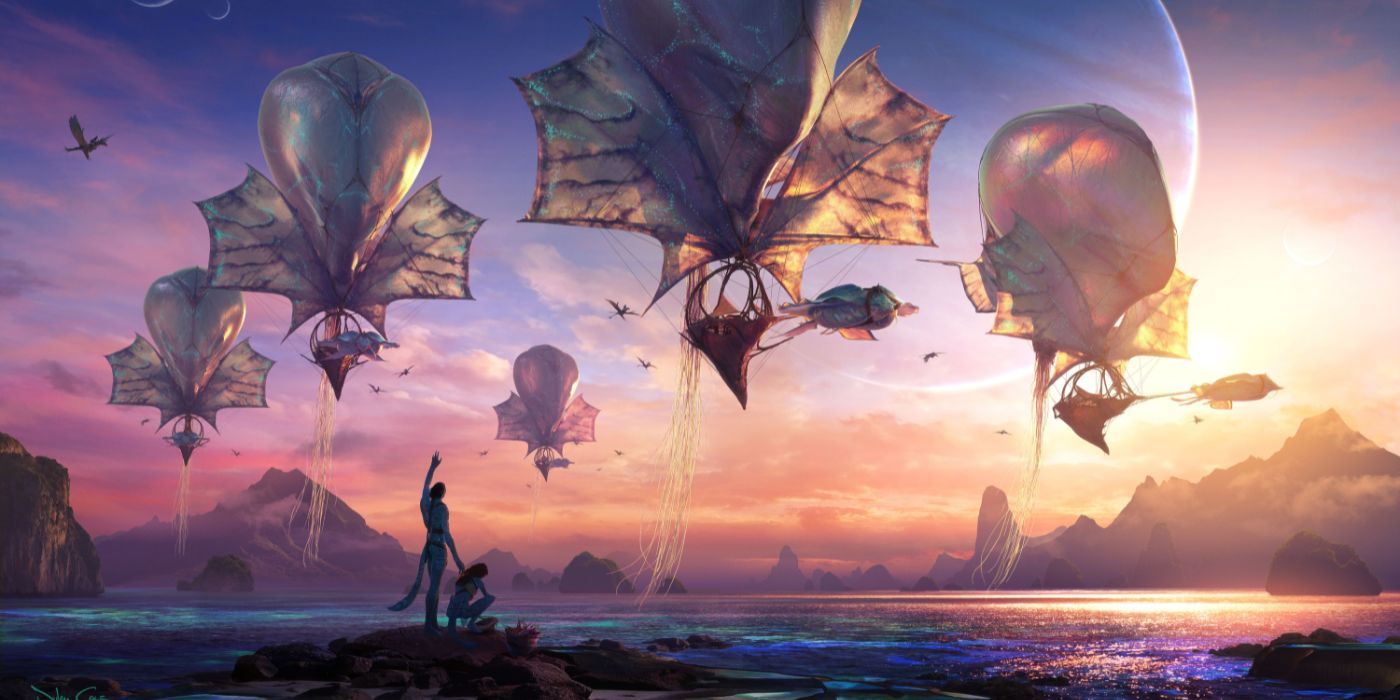 Concept art from Avatar 3 showing Windtrader ships hovering over a reef with two Na'vi on a rock waving.