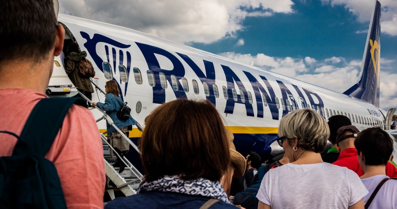 Passengers boarding a RyanAir flight