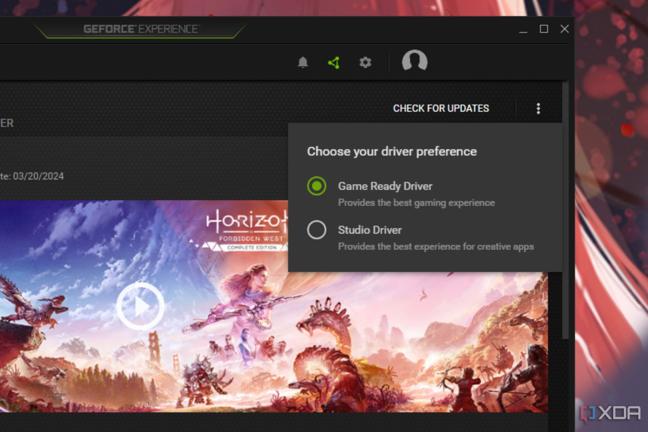 A screenshot showing the driver selection toggle in GeForce Experience.