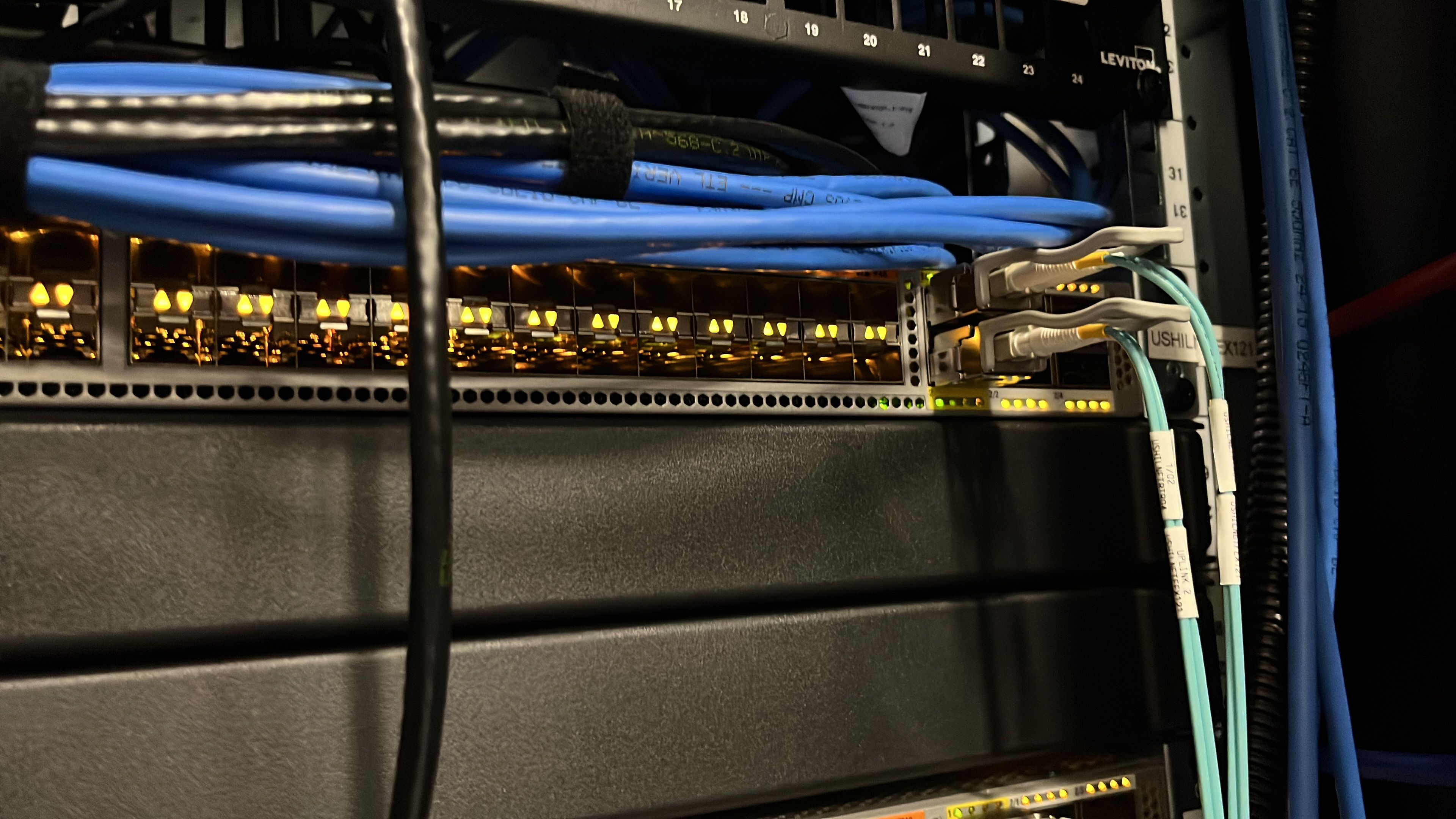 Image of a network switch with well managed cables.