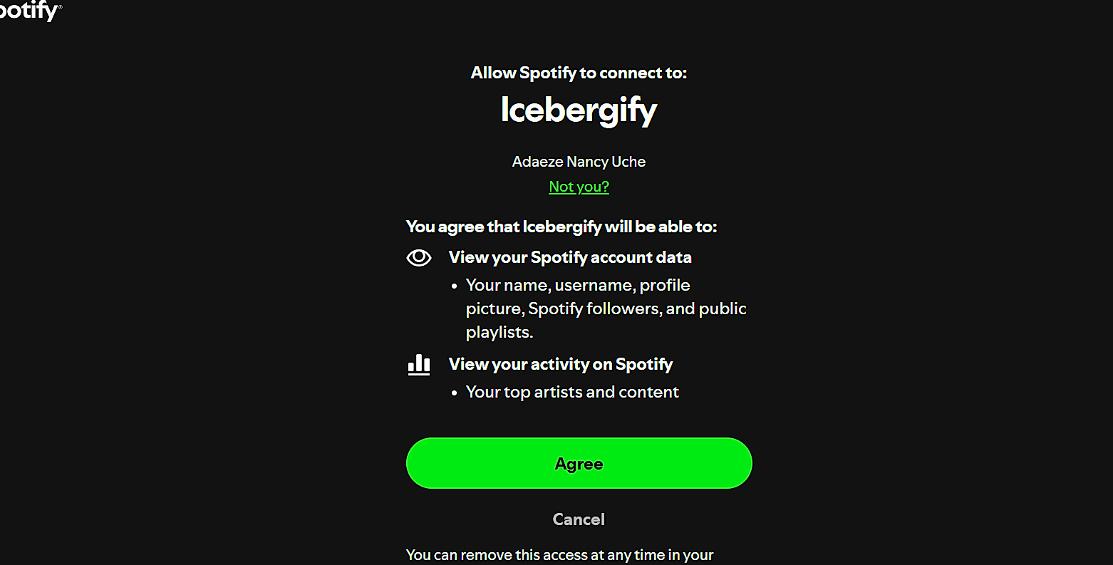 A screenshot showing Icebergify's Spotify Connection Request-1