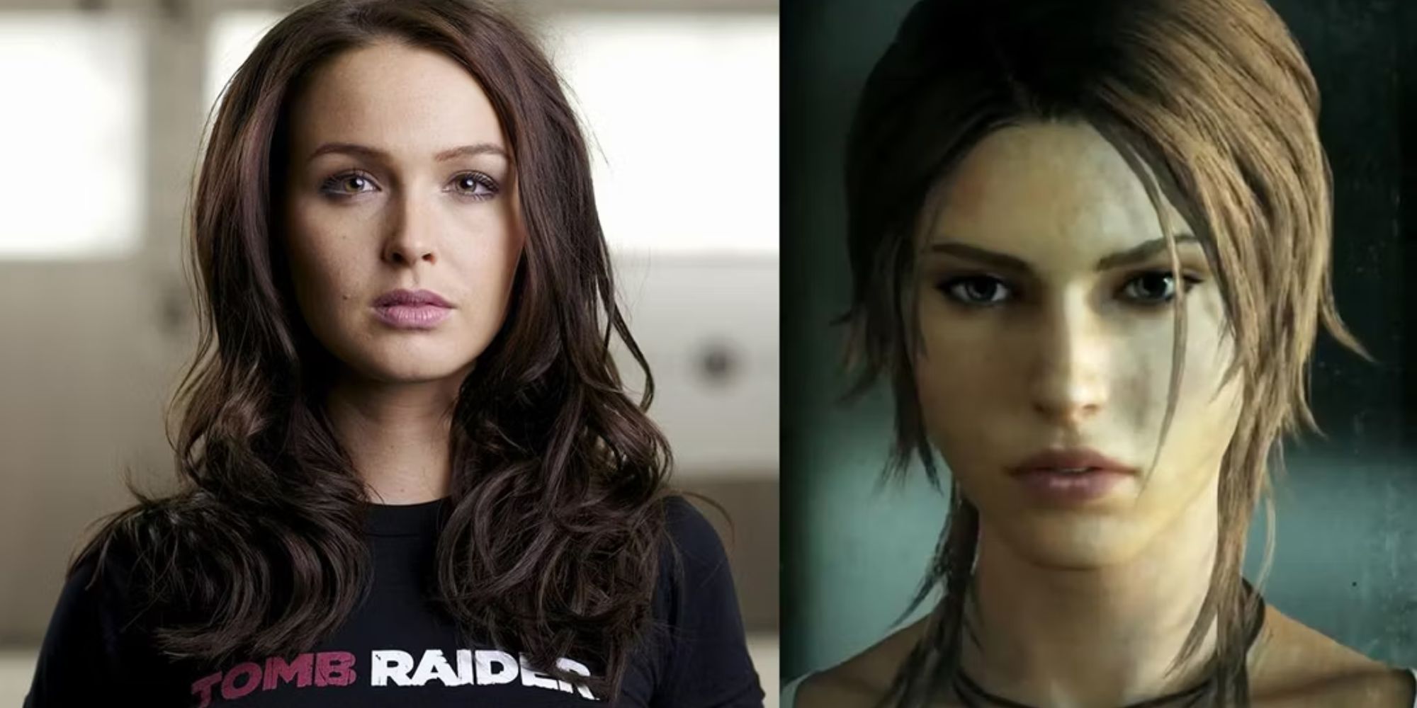 Picture of Camilla Ludington on left and Lara Croft on right