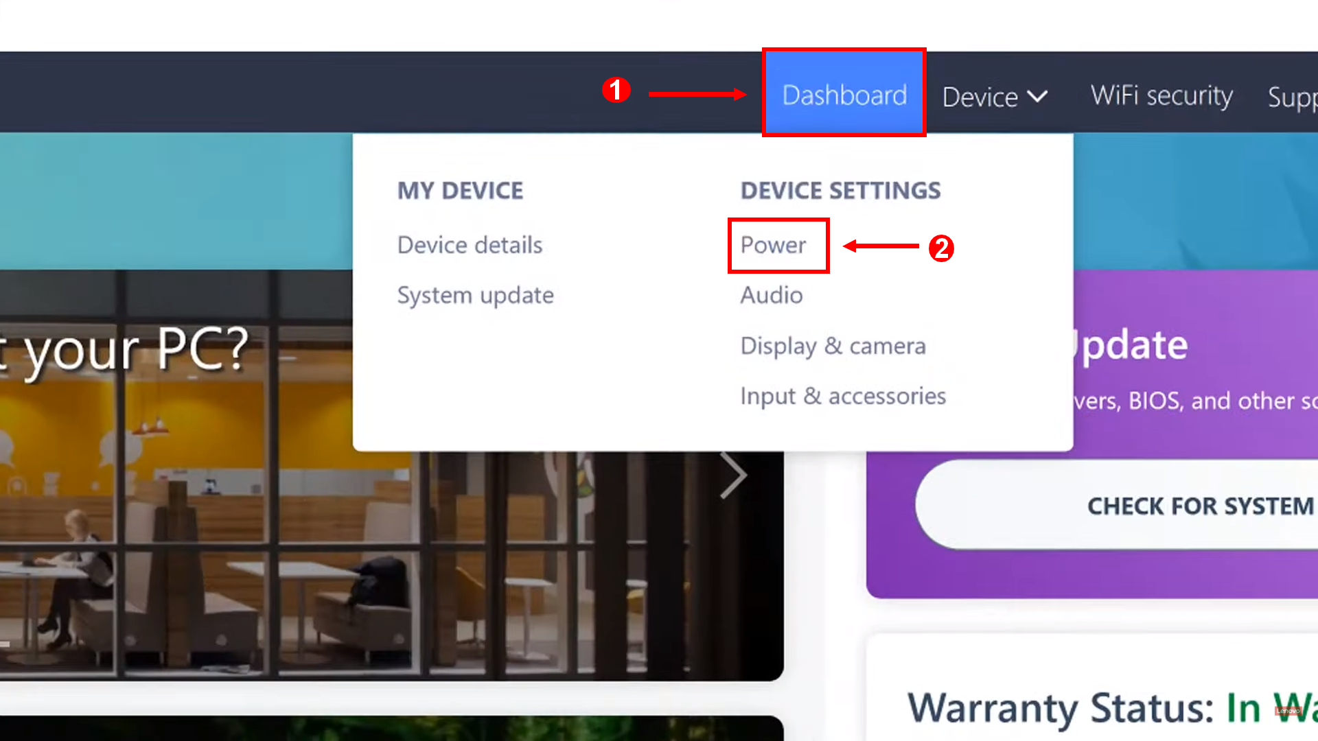 Screenshot of Lenovo Vantage with the Power option highlighted in the menu