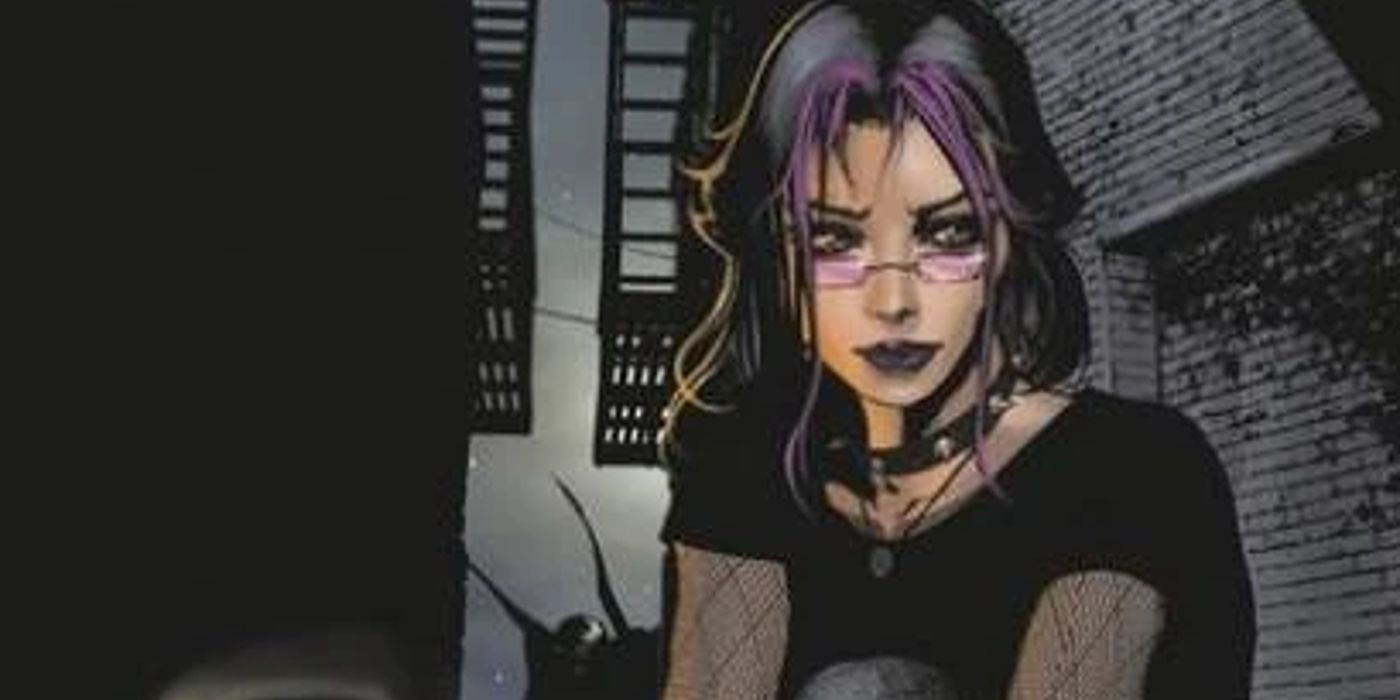 Nyx as a normal human, wearing a black T-shirt and glasses, from the Spawn comic