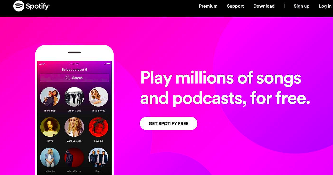 Spotify free plan page on Spotify's website
