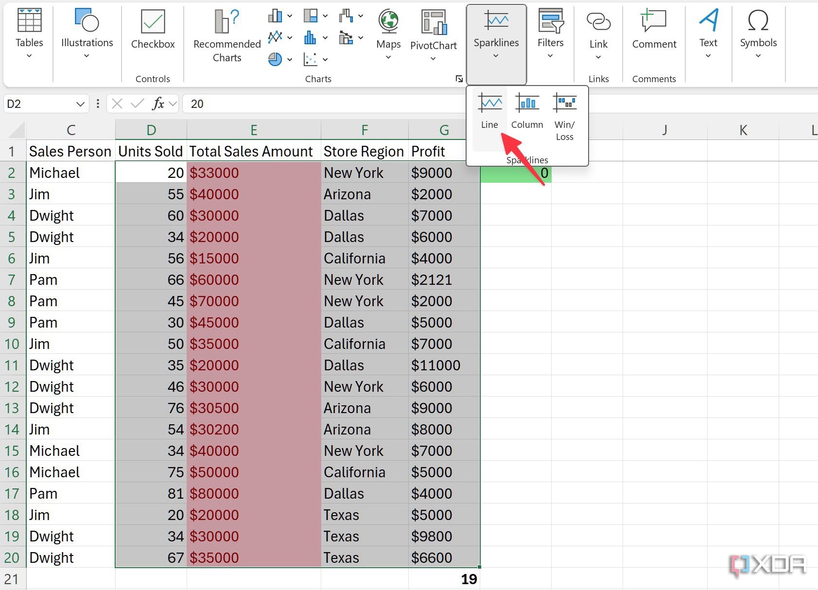 line chart in Excel