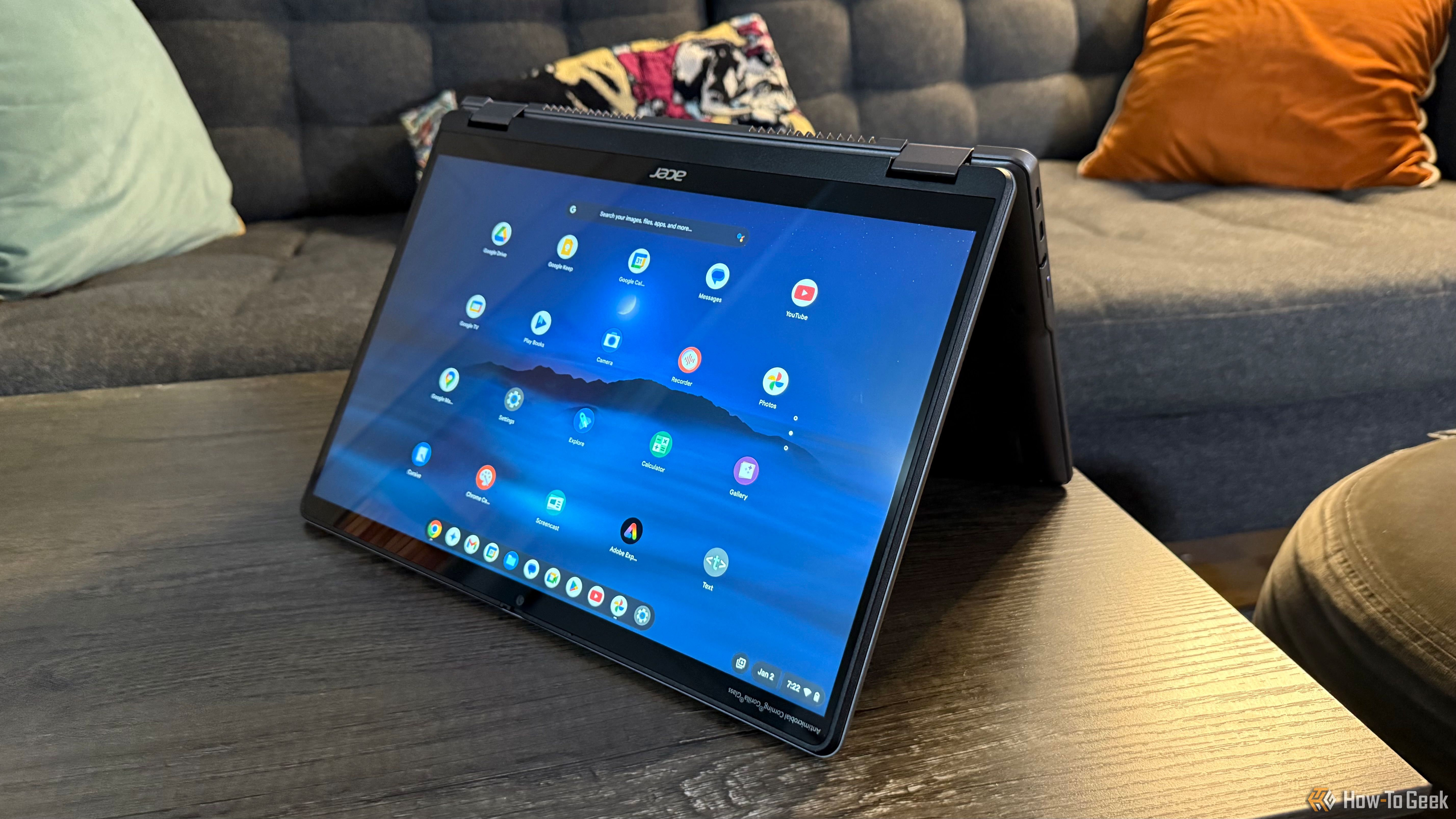 The Acer Chromebook Plus Spin 514 in tent mode on a table.