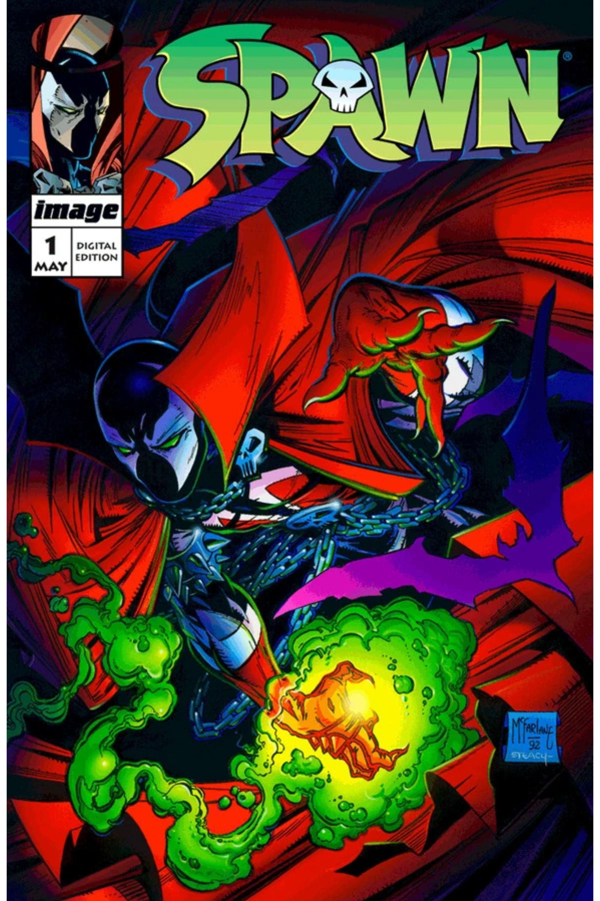 Spawn surrounded by his cape, using his energy powers