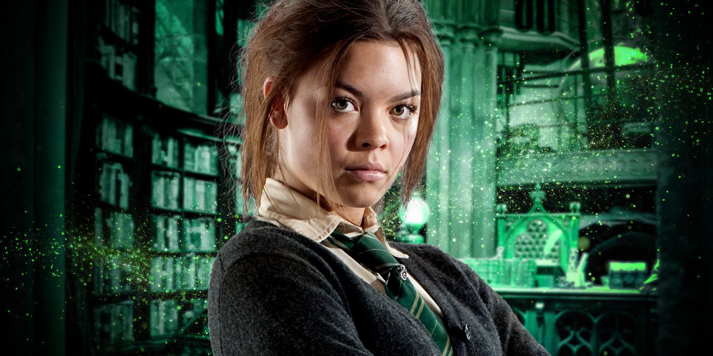 Pansy Parkinson, played by actor Scarlett Byrne, stands in her Slytherin uniform against the backdrop of Dumbledore's office.