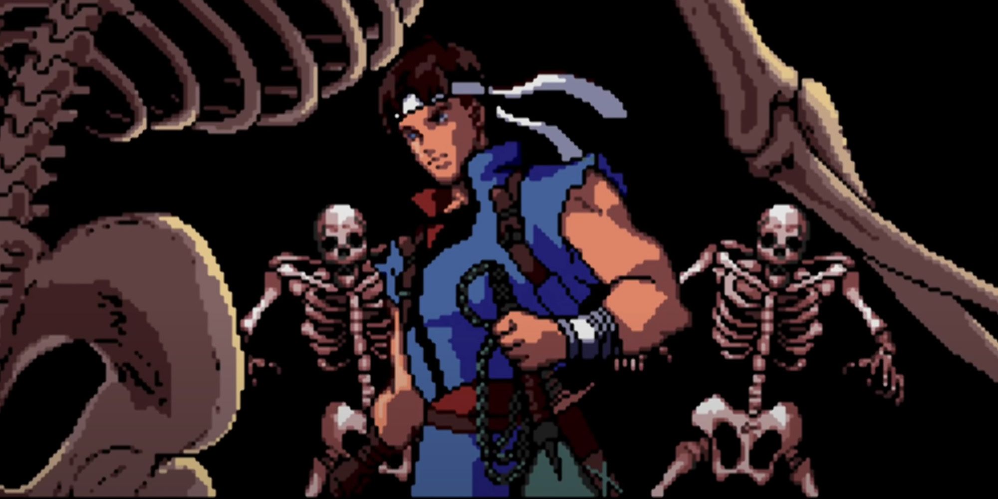 Castlevania Rondo of Blood: Richter Belmont surrounded by skeletons