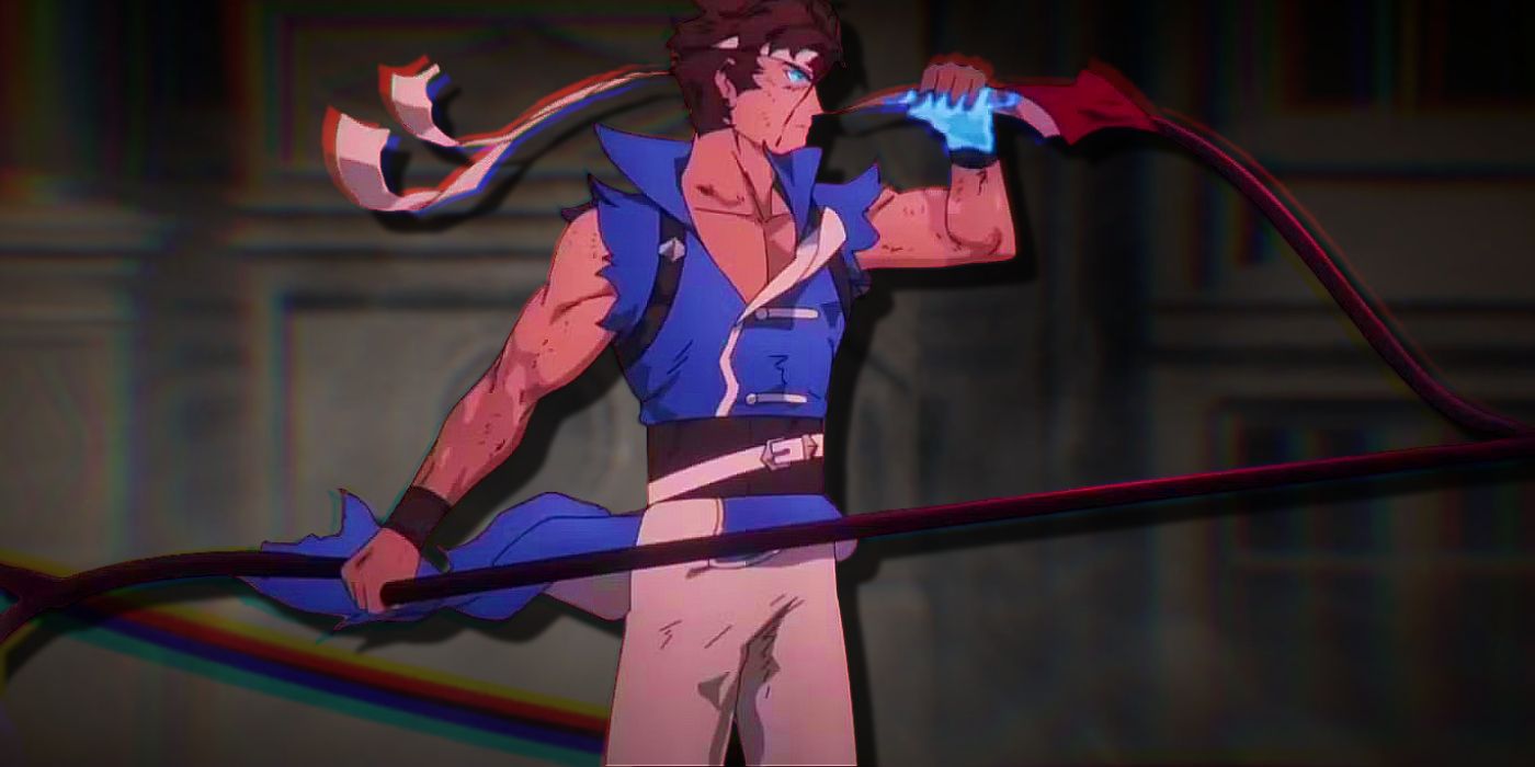 Castlevania Nocturne Richter Belmont holding a stinger to his face with one hand and his whip in the other hand.