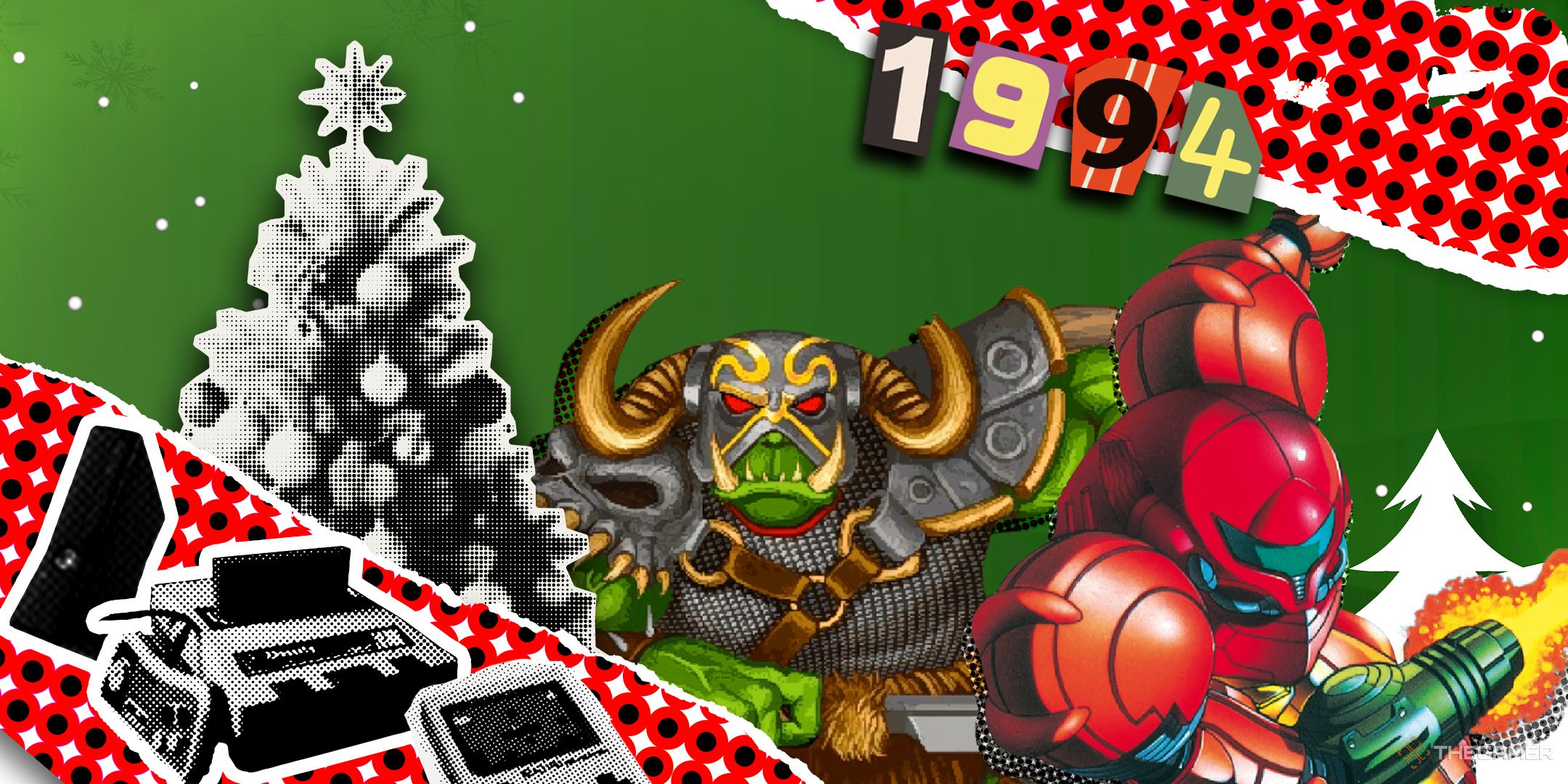 A Warcraft Orc and Samus from Super Metroid with a banner reading 1994 at the top and various game consoles at the bottom, and a Christmas tree in the middle.