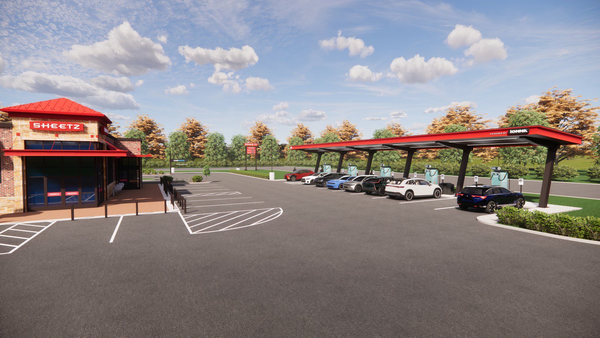 A rendering of an Ionna EV charging station at a Sheetz convenience store.