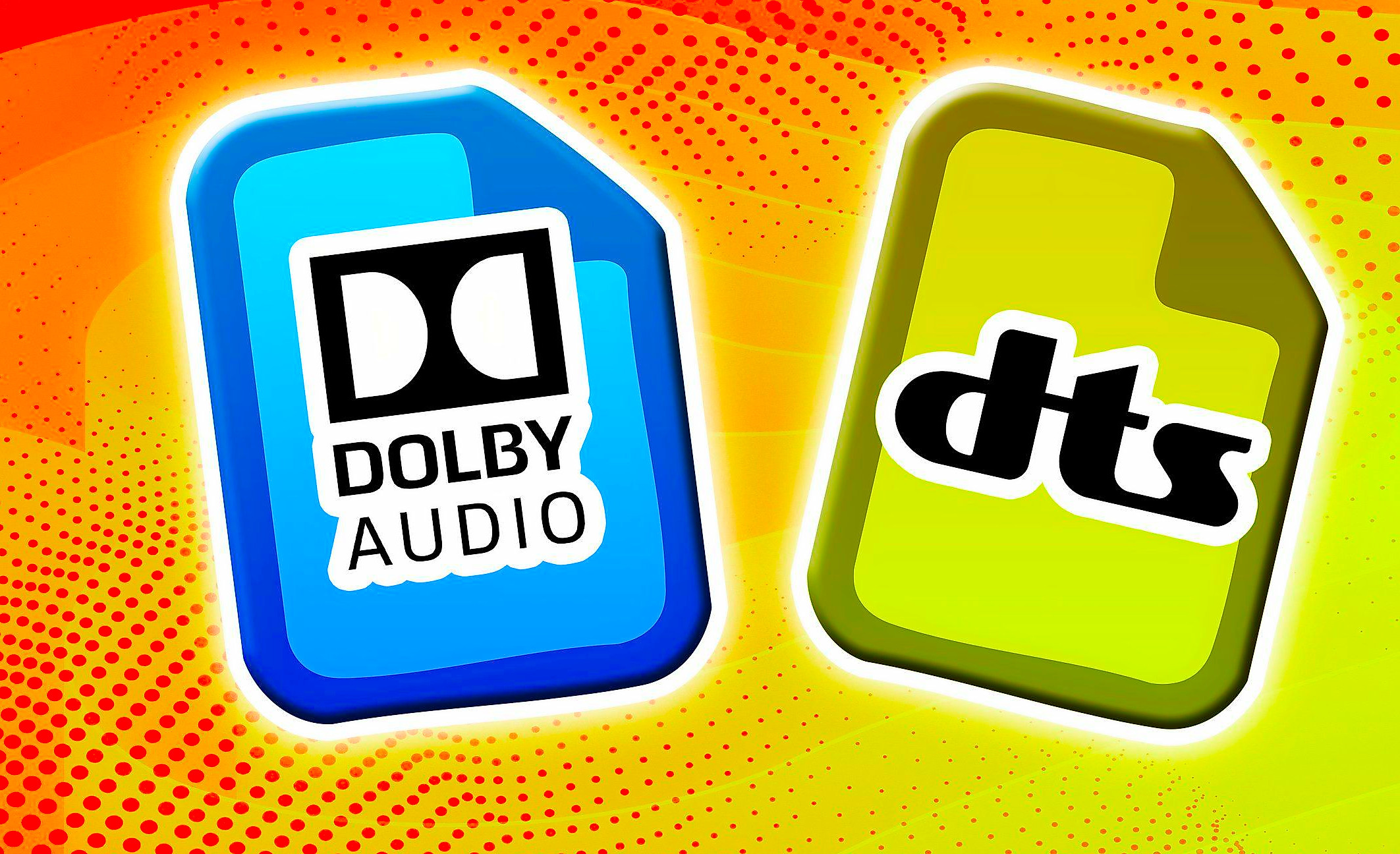 Audio files that say Dolby Audio and DTS against a yellow background